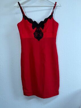 Charles Chang-Lima Red Black Lace-Trimmed Wool Blend Sheath Dress Size 4 Lined
